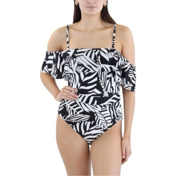 BCBGMaxAzria Small Off the Shoulder One Piece Black and White Print Swimsuit - Picture 10 of 10